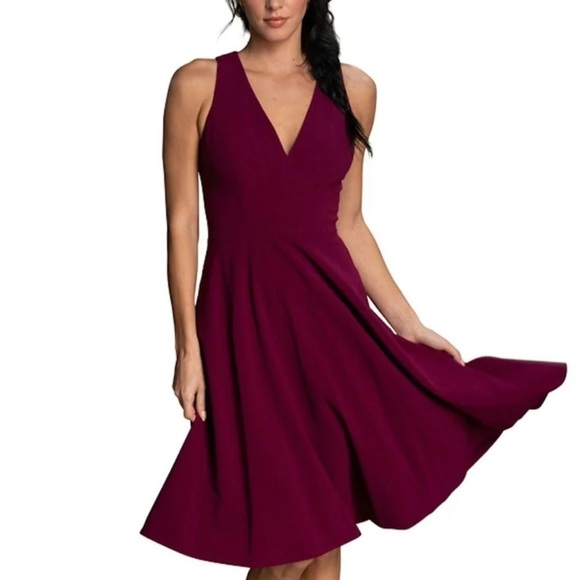 Dress The Population Catalina Fit Flare V-Neck Crepe Dress Dark Magenta XS - Picture 1 of 10